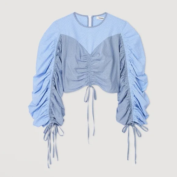 NWT SANDRO Formidable Blue Ruched Stripe Mixed Media Crop Top size 3/large - Picture 2 of 12